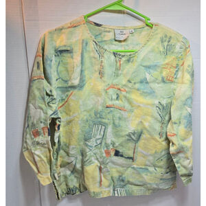 Women's Hot Cotton by Marc Ware Long Sleeve Tee S Green Yellow Linen